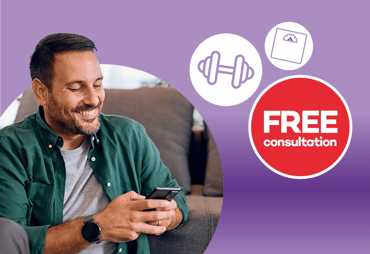 A man on his phone bookings a weight management service. The messaging says "Free consultation"